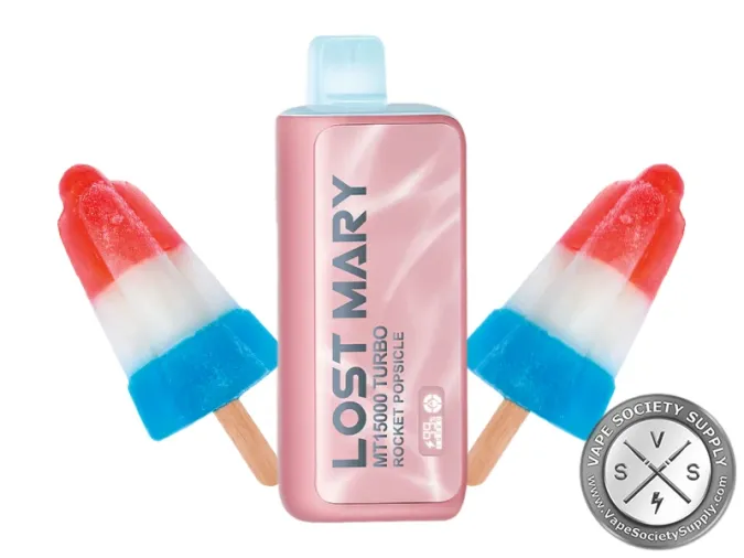 Lost Mary MT15000 Turbo Rocket Popsicle disposable vape in pink, next to red, white and blue ice pops