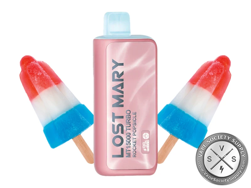Lost Mary MT15000 Turbo Rocket Popsicle disposable vape in pink, next to red, white and blue ice pops
