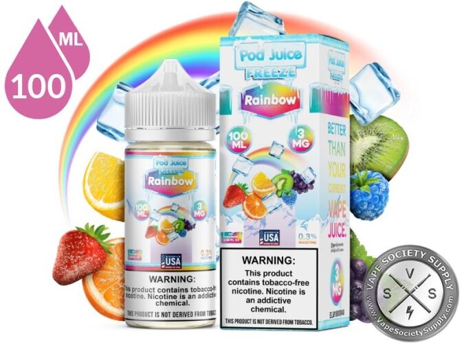 Rainbow Freeze Pod Juice 100ml bottle and box with a rainbow, ice cubes, strawberries, citrus, kiwi and berries