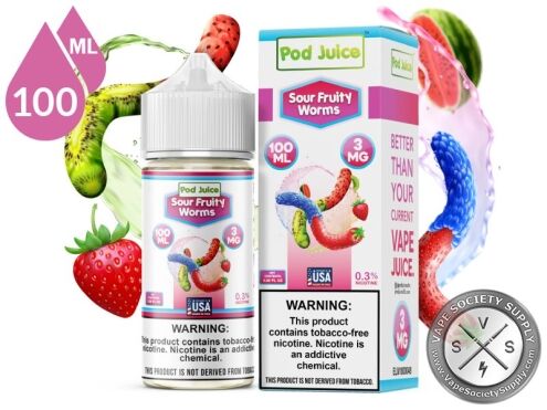 Sour Fruity Worms Pod Juice 100ml bottle and box with a kiwi, strawberries and a colorful splash