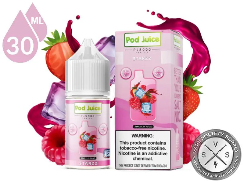 Starzz Pod Juice Bar Edition Salt 30ml bottle and box with strawberries, raspberries, ice cubes and a red juice splash