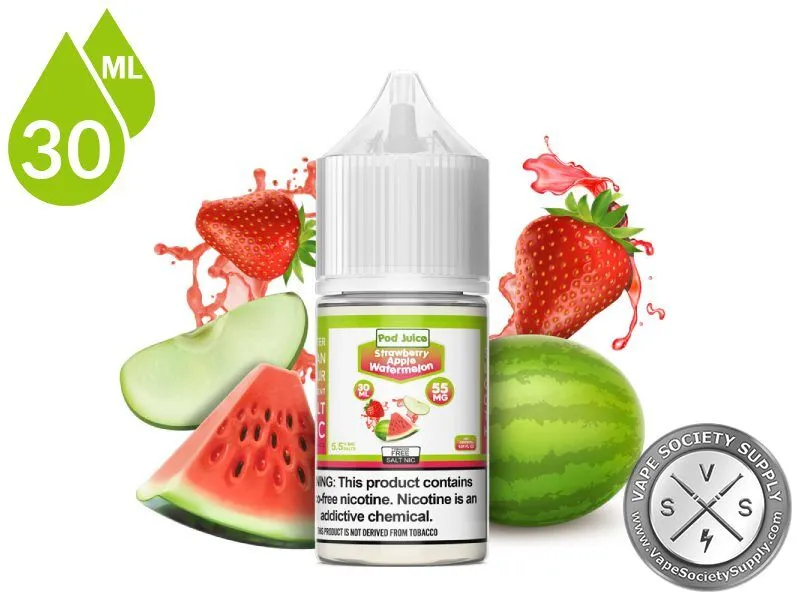 Strawberry Apple Watermelon Pod Juice Salt 30ml bottle with strawberries, a green apple slice and watermelon