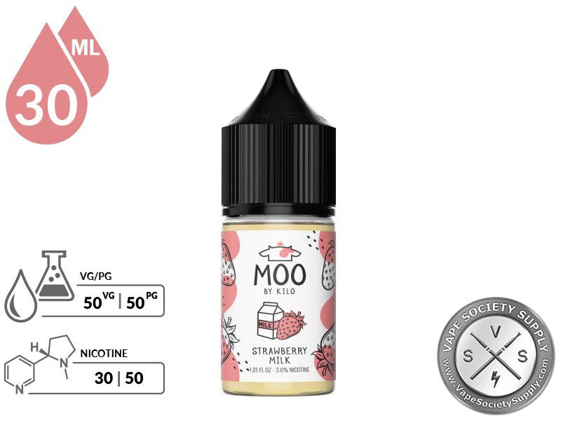 Strawberry Milk by MOO Salt 30ml bottle with a 50/50 VG/PG icon and nicotine strength icons