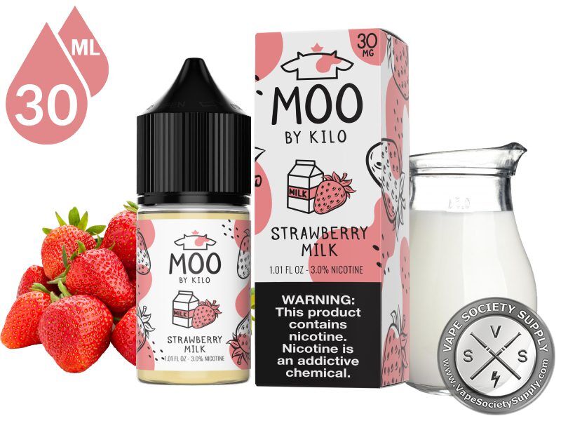 Strawberry Milk by MOO Salt 30ml bottle and box with strawberries and a milk jug
