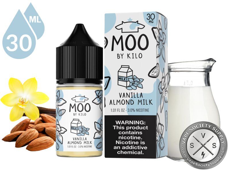Vanilla Almond Milk by MOO Salt 30ml bottle and box with a vanilla flower, almonds and a milk jug