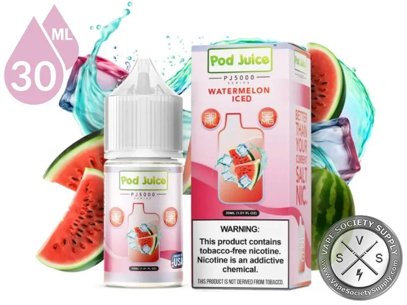 Watermelon Ice Pod Juice Bar Edition Salt 30ml bottle and box with watermelon slices, ice cubes and a water splash