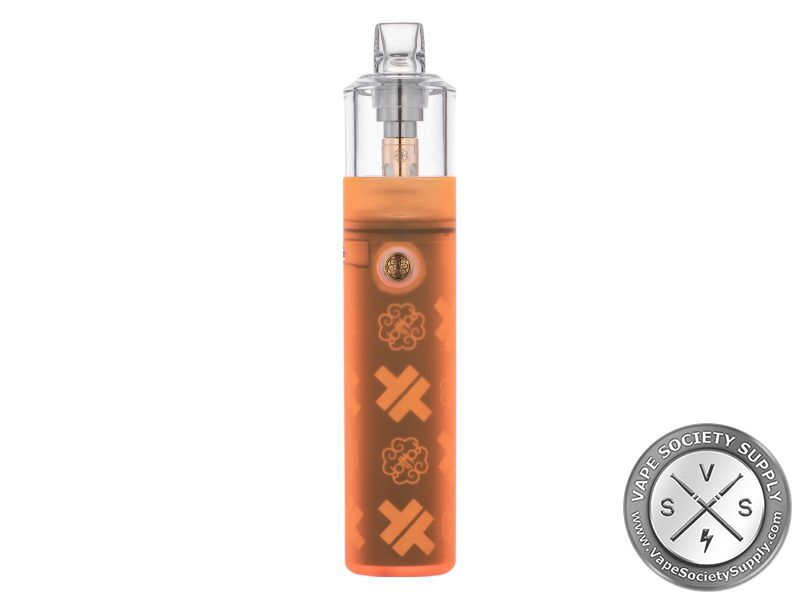 dotmod dotStick Revo in Orange: a translucent orange shell, a round fire button and a clear tank