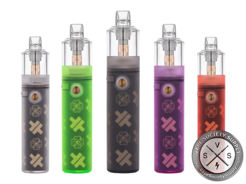 Five dotmod dotStick Revo kits in clear, green, smoke, purple and red with clear tanks