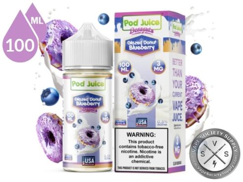 Glazed Donut Blueberry Pod Juice 100ml bottle and box with purple glazed donuts, blueberries and a milk splash