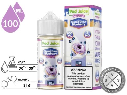 Glazed Donut Blueberry Pod Juice 100ml bottle and box with a 70/30 VG/PG icon and nicotine strength icons