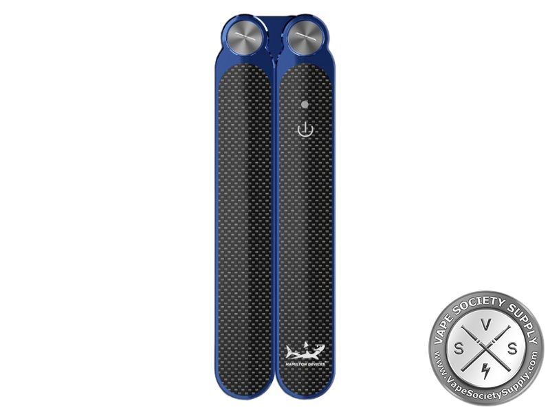 Blue Hamilton Devices Butterfly 510 battery, closed, with textured handles and a power button