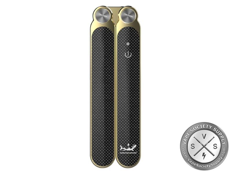 Gold Hamilton Devices Butterfly 510 battery, closed, with textured handles and a power button