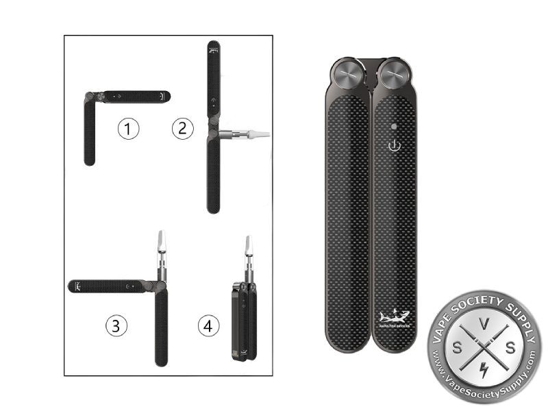 Four-step diagram of the Hamilton Devices Butterfly flipping open and closed, beside a closed gunmetal Butterfly