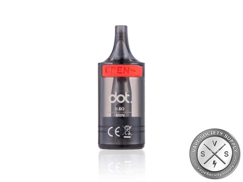 dot. Switch refillable pod marked 0.6Ω with a red OPEN fill cap and a MIN line