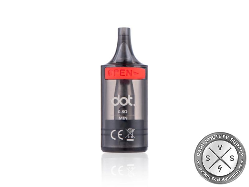 dot. Switch refillable pod marked 0.8Ω with a red OPEN fill cap and a MIN line