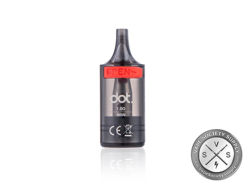 dot. Switch refillable pod marked 1.0Ω with a red OPEN fill cap and a MIN line
