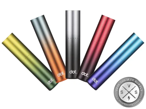 Five dotmod Switch by dot batteries in green, orange, silver, red and blue gradients