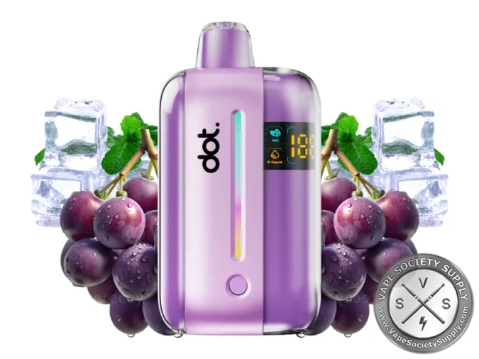dotBar 50K Grape Ice disposable vape with bunches of grapes and ice cubes