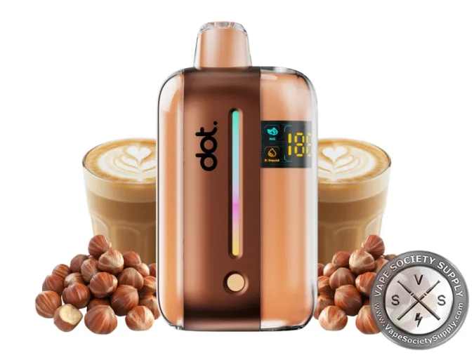 dotBar 50K Hazelnut Latte disposable vape with hazelnuts and cups of latte