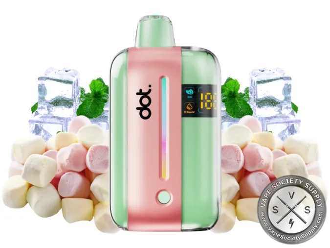 dotBar 50K Pink Ice disposable vape with pink and white marshmallows, ice cubes and mint leaves