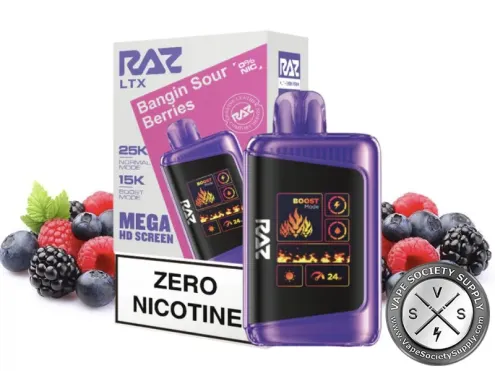 RAZ LTX 25K Bangin Sour Berries disposable vape and box with mixed berries