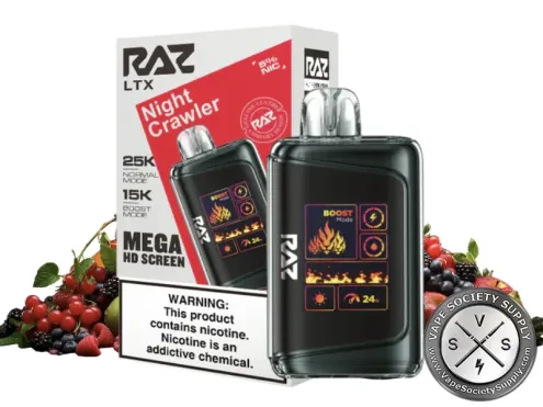 RAZ LTX 25K Night Crawler disposable vape and box with gummy candies and berries