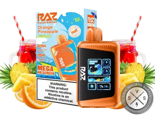 RAZ LTX 25K Punch Edition Orange Pineapple disposable vape and box with oranges, pineapple and glasses of punch