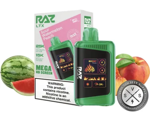 RAZ LTX 25K Sour Watermelon Peach disposable vape and box with watermelon and a peach