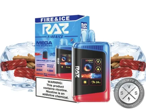 RAZ LTX 25K Fire & Ice disposable vape and box with red and clear ice cubes
