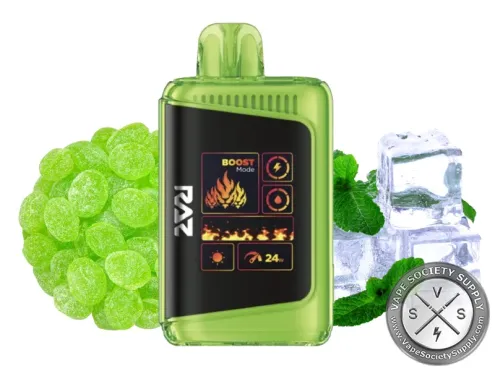 RAZ LTX 25K Sour Apple Ice disposable vape with green apples and ice cubes