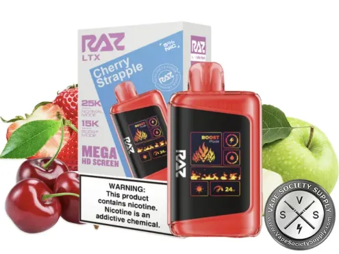 RAZ LTX 25K Cherry Strapple disposable vape and box with cherries, a green apple and strawberries
