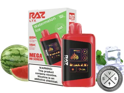 RAZ LTX 25K Watermelon Ice disposable vape and box with watermelon and ice cubes