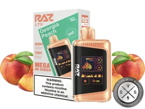 RAZ LTX 25K Georgia Peach disposable vape and box with peaches