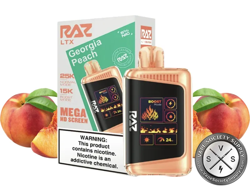 RAZ LTX 25K Georgia Peach disposable vape and box with peaches