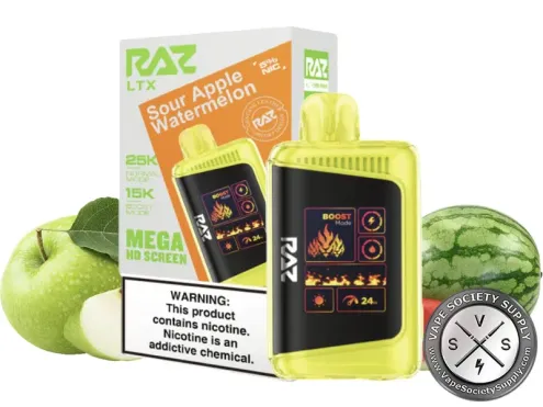 RAZ LTX 25K Sour Apple Watermelon disposable vape and box with green apples and watermelon