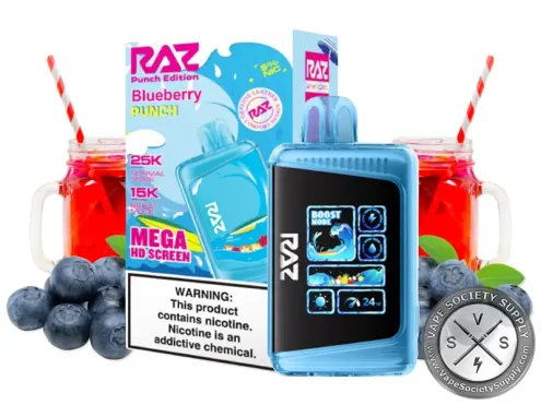 RAZ LTX 25K Punch Edition Blueberry disposable vape and box with blueberries and glasses of punch