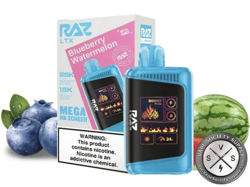 RAZ LTX 25K Blueberry Watermelon disposable vape and box with blueberries and watermelon
