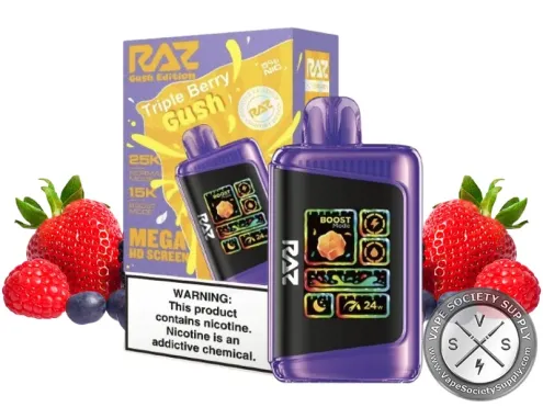 RAZ LTX 25K Gush Edition Triple Berry disposable vape and box with strawberries and mixed berries