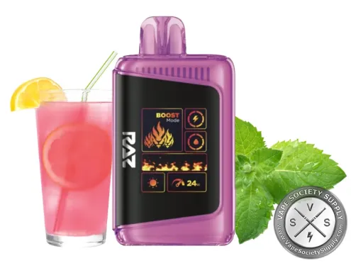 RAZ LTX 25K Pink Lemonade Mint disposable vape with a glass of pink lemonade, lemon slices and mint leaves