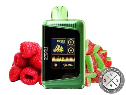 RAZ LTX 25K Sour Raspberry Watermelon disposable vape with raspberries and watermelon slices