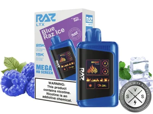 RAZ LTX 25K Blue Raz Ice disposable vape and box with blue raspberries, ice cubes and mint leaves