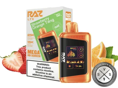 RAZ LTX 25K Strawberry Orange Tang disposable vape and box with strawberries and orange slices