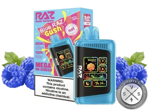 RAZ LTX 25K Gush Edition Blue Razz disposable vape and box with blue raspberries