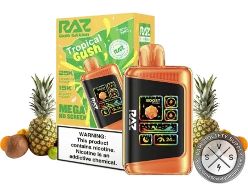 RAZ LTX 25K Gush Edition Tropical disposable vape and box with pineapple and tropical fruit