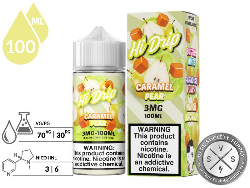 Caramel Pear by Hi Drip 100ml bottle and box with a 70/30 VG/PG icon and nicotine strength icons