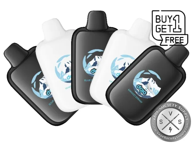 Five black and white Vaporesso DOJO iMate X pods fanned out, with a BUY 1 GET 1 FREE badge
