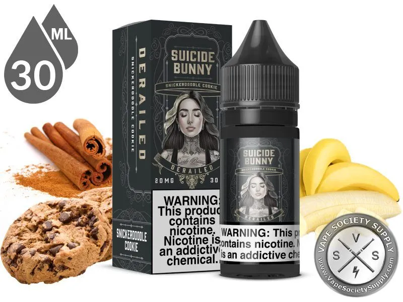 Derailed by Suicide Bunny Salt 30ml bottle and box with cinnamon sticks, cookies and bananas