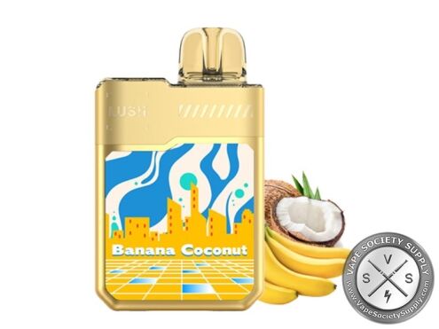 Geek Bar LUSH 20K Banana Coconut disposable vape in gold, next to bananas and a coconut