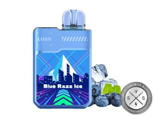Geek Bar LUSH 20K Blue Razz Ice disposable vape in blue, next to blueberries and ice cubes
