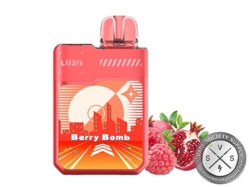 Geek Bar LUSH 20K Berry Bomb disposable vape in red, next to raspberries and pomegranates